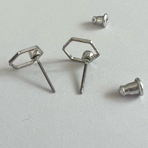 Minimalist Silver Hexagon Stud Earrings Crystal Accent Geometric Post Modern - Picture 4 of 5